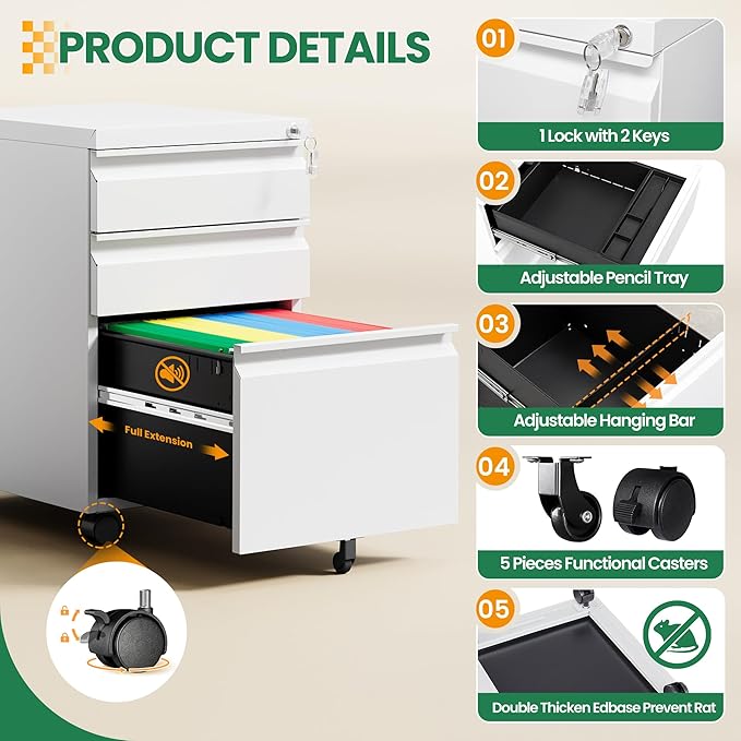 3 Drawer Mobile File Cabinet with Lock,Under Desk Filing Cabinet for Home Office, Metal Filing Cabinets on Wheels for Legal/Letter/A4 File, Fully Assembled Except Wheels, White