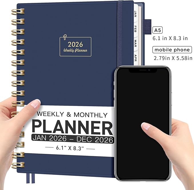 AHGXG 2026 Planner, Weekly and Monthly, Jan 2026 - Dec 2026, 12 Months, 2026 Calendar Planner Book with Tabs for Men Women School Home Office Supplies, A5 (6" X 8.38"), Blue