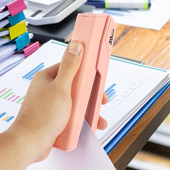 Metal Stapler with 830 Staples, Office Stapler, Staplers for Desk, 25-30 Sheet Capacity, Non-Slip, Pink