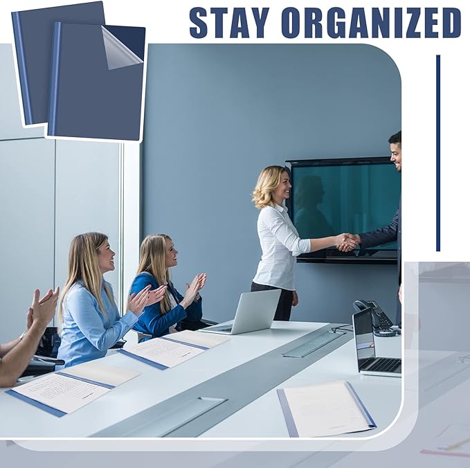 Teling 48 Pcs Clear Front Report Covers with Prongs Plastic Presentation Folders 3 Prong Resume Portfolio Folder for School(Navy Blue)