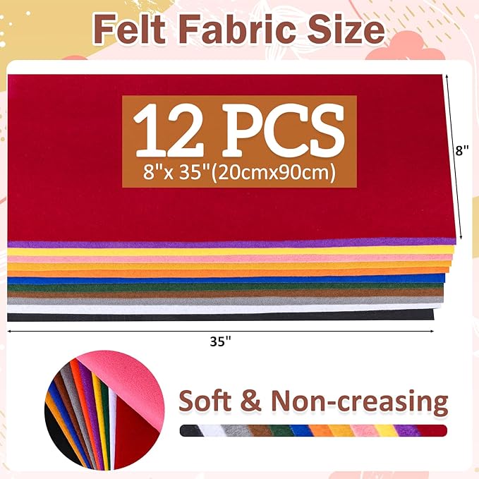 12 Rolls 8"x35"(20.5x90cm) 1.4mm Thick Soft Felt Fabric Sheet 12 Assorted Dark Rainbow Series Colors Felt Pack Pastel Felt Sheets for DIY Craft Sewing Squares Nonwoven Patchwork