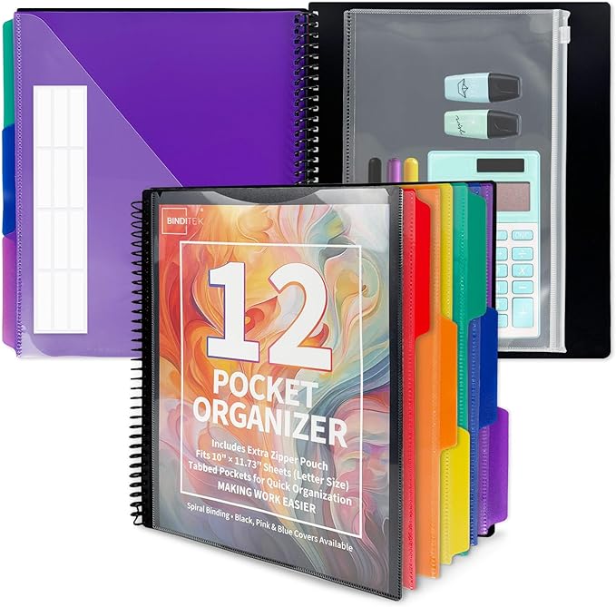 Binditek 12-Pocket Poly Project Organizer, Heavy-Duty Poly Cover, Clear Front Pocket, 6-Color Dividers with 1/3-Cut Tabs, Fixed Zipper Pouch, Letter-Size, Black