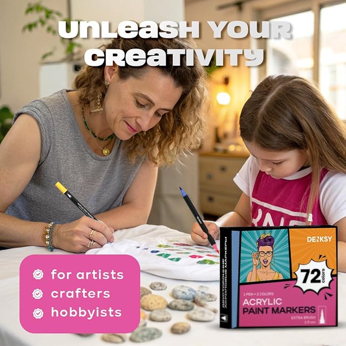 Acrylic paint pens create art – Dual Brush Tip Acrylic Markers Set, Waterproof Quick-Drying Ink for Rock Painting, Glass, Wood, Fabric (72)