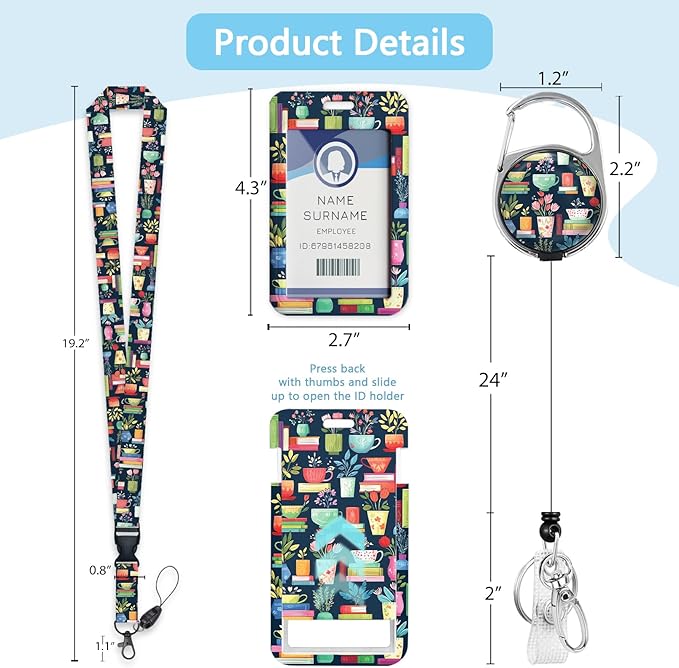 Gctriki Book Lanyards for Id Badges, Cute Badge Holder with Retractable Badge Reel Clip, Teacher Lanyard with ID Holder Keychain Clip Name Tag ID Card Holder for Women Work Office Accessories Gift