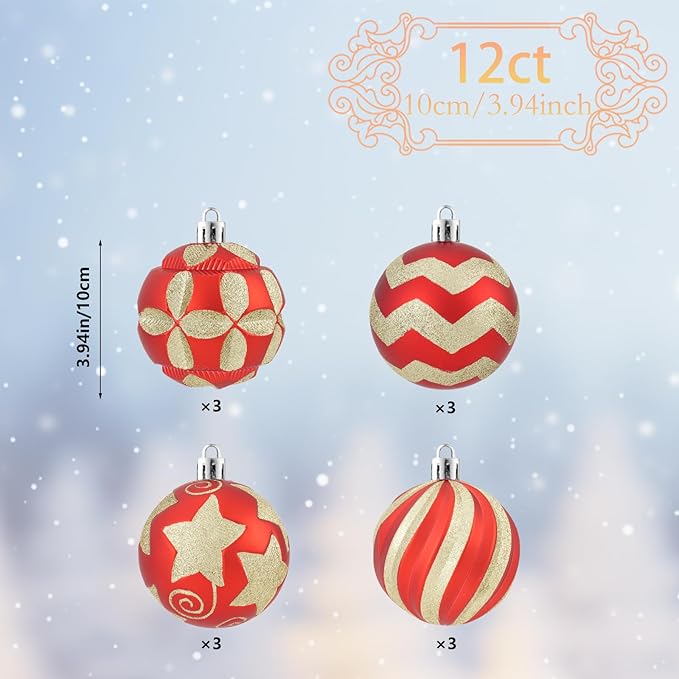 4 Inch Red Gold Christmas Ornaments, 12Pcs Large Shatterproof Christmas Bulbs Ornaments, Big Christmas Balls Hanging Decorations for Christmas Trees Holiday Parties Malls (Red & Gold)