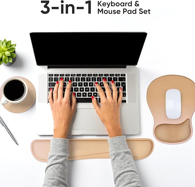 Wrist Rest Support for Mouse Pad Keyboard Set Circle Coaster Gaming Mouse Pad Ergonomic Gel Memory Foam Set for Computer, Laptop, Office, Pain Relief, Comfortably Typing Brown KM-32