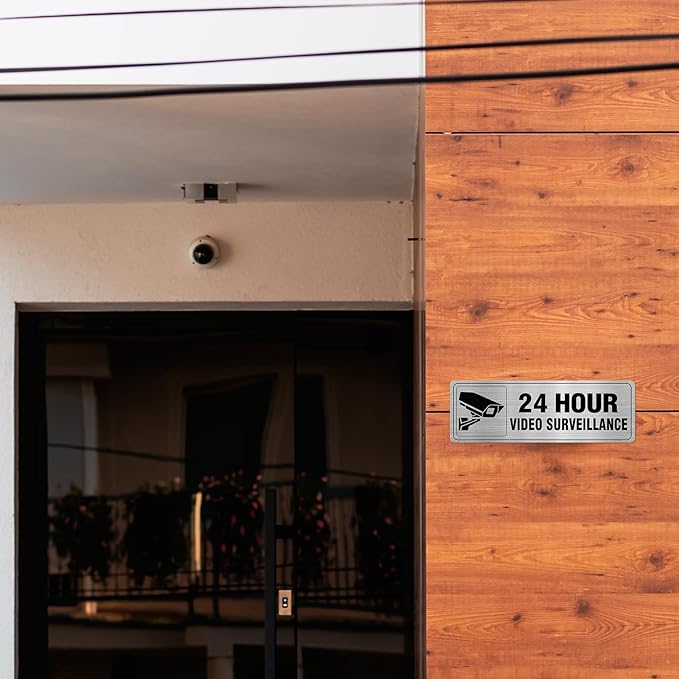 24 Hour Video Surveillance Sign Aluminum Silver 9 x 3 Inches Self-Adhesive Waterproof Metal Door Wall Sign for Business Restaurants 4 Pack