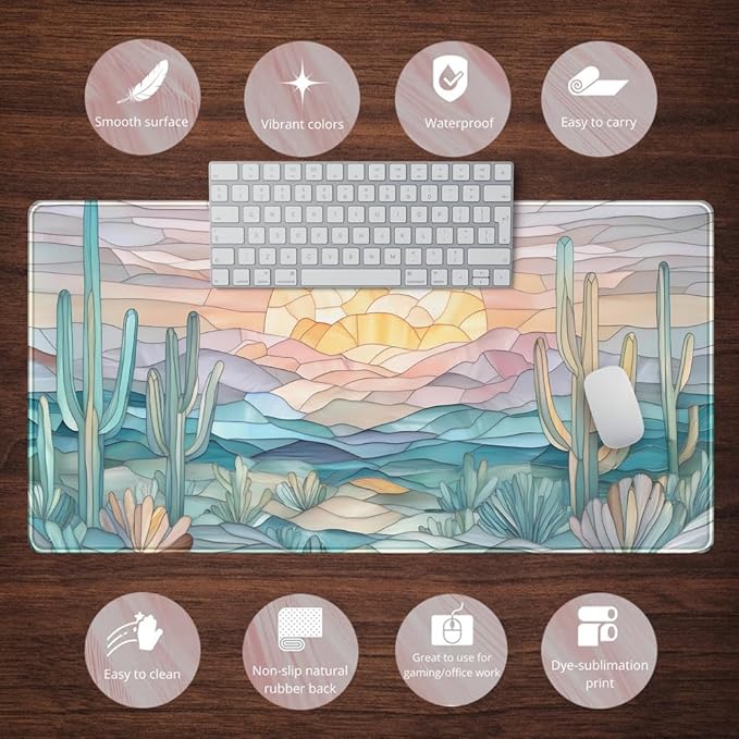 Desk Mat Gaming Abstract Ocean Desk Pad Large Mouse and Keyboard Pad, Faux Stained Glass Sun & Waves Mouse Mat XXL Desk Protector, Computer Mats for Desktop Sun & Waves Office Decor 31.5" X 15.7"