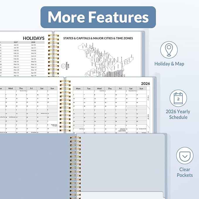 SUNEE 2026 Weekly and Monthly Planner - from January 2026 - December 2026, 8.5"x11" Daily Agenda Planner with Monthly Tab, Flexible Cover, Note Pages, Pockets, Bookmark, Spiral Binding, Gray Blue
