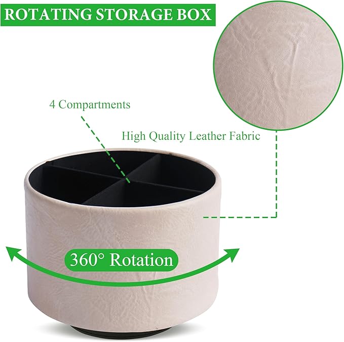 Hennaja Round Leather Art Supply Organizer,Remote Control Holder,360 Degree Spinning,Multi-Functional Pencil Holder,4 Compartments Desktop Stationary Organizer(1-Crazy White)