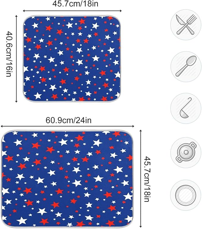 USA Patriotic Stars Memorial Dish Drying Mat 16 X 18 Inch Red Blue White Independence Day Dry Dishes Pads Tableware Mats Protector for Kitchen Countertops Counter Home Decorations