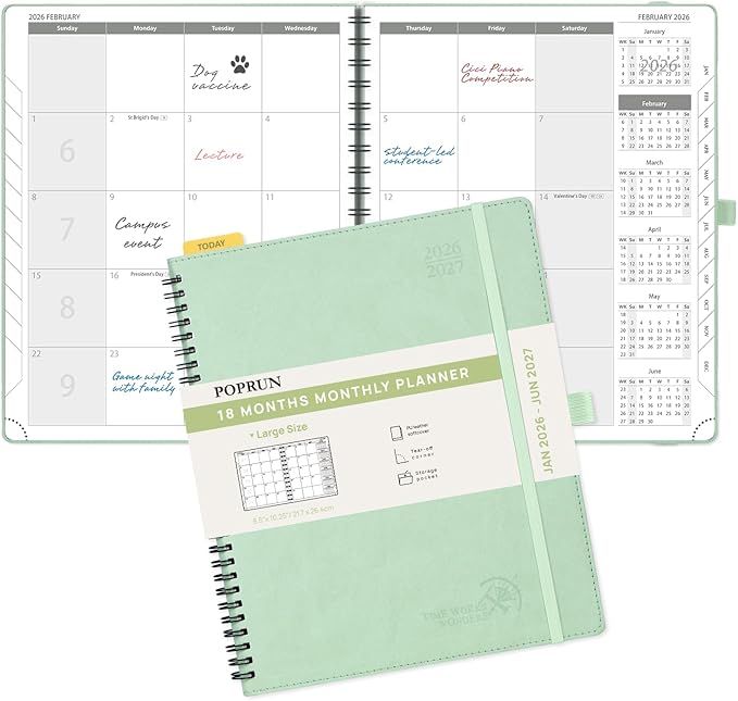POPRUN Monthly Planner 2026-2027 (Large 8.5" x 10.5") 18 Months Calendar (Jan 2026 - Jun 2027) - 4 Pages per Month with Expense & Notes, Stair-like tabs, Leather Cover, Sunday Starts - Green