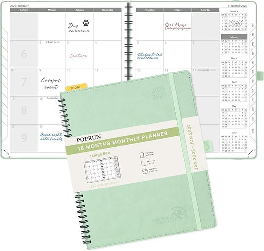 POPRUN Monthly Planner 2026-2027 (Large 8.5" x 10.5") 18 Months Calendar (Jan 2026 - Jun 2027) - 4 Pages per Month with Expense & Notes, Stair-like tabs, Leather Cover, Sunday Starts - Green