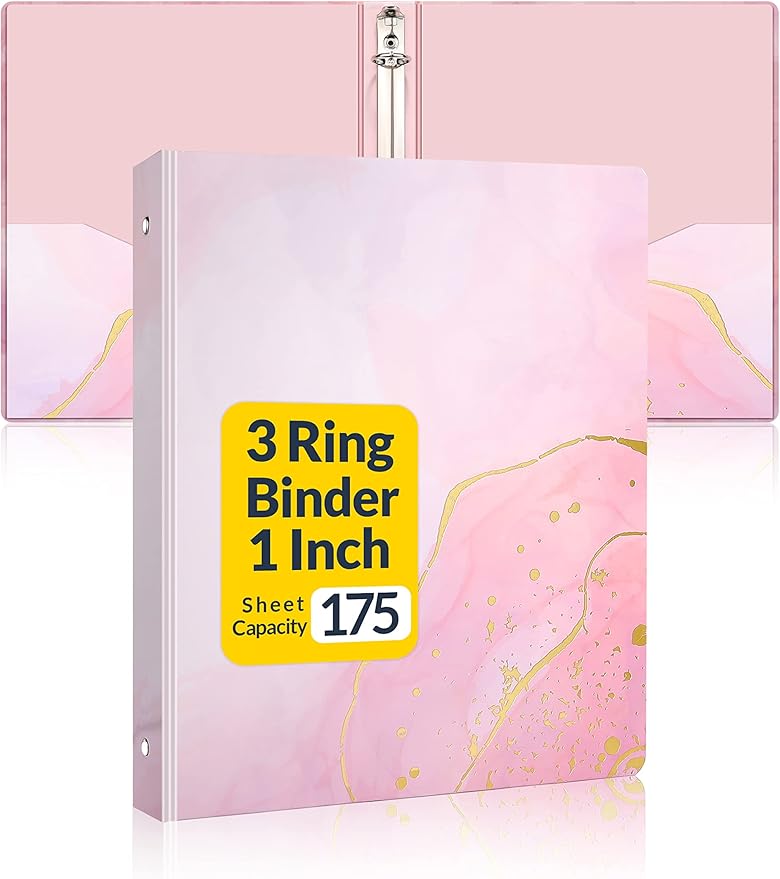 SUNEE 3 Ring Binder 1 Inch Cute Binder with 2 Pockets, Decorative Pink Marble Three Ring Heavy Duty (Fit 8.5x11 Inches) for School Supplies, Office Supplies