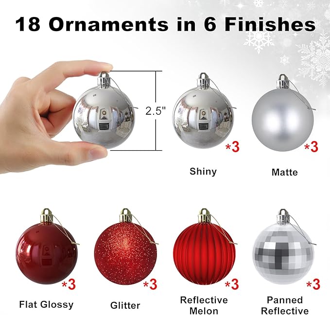 Silver & Red 2.5" Christmas Balls Christmas Tree Decoration Ornaments Shatterproof Hanging Balls for Birthday Halloween Holiday Wedding Decorations Set of 18pcs
