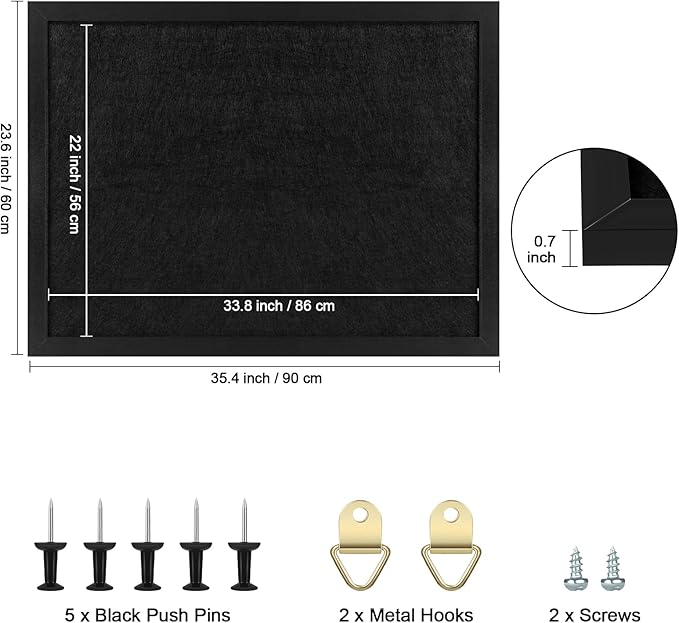 TORASO Cork Board Bulletin Board, 23.5" X 35.5" Cork Boards for Walls with Pins, Eye Bolts, gaskets, Screws, Pin Board for Office, School and Home (BK,60x90cm,1p)