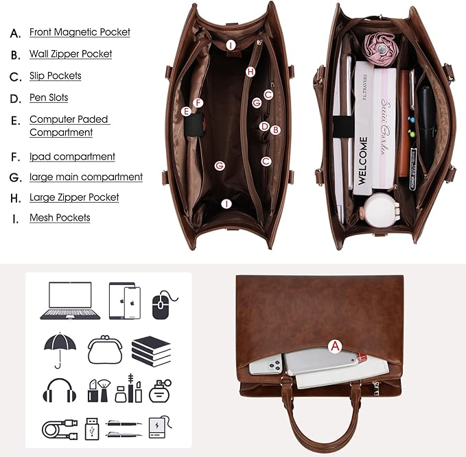 RAINSMORE Laptop Bag for Women 15.6 Inch PU Leather Laptop Tote Professional Business Office Work Bag Waterproof Briefcase Computer Tote Bag Large Lightweight Handbag Shoulder Bag