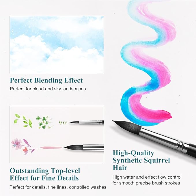 Watercolor Brushes Professional, Fuumuui 9Pcs Synthetic Squirrel Paint Brush Set for Adults Round Pointed Detail to Mop for Watercolor Gouache Acrylic Ink Painting