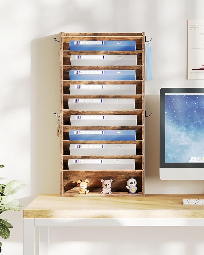Wall File Organizer, 10-Tier Hanging Mail Organizer, Wall Mount File Holder with 4 Side Hooks, Mail and Storage Organizer, Wooden Vertical Hanging Holder for Office, Rustic Brown MWJ03FG
