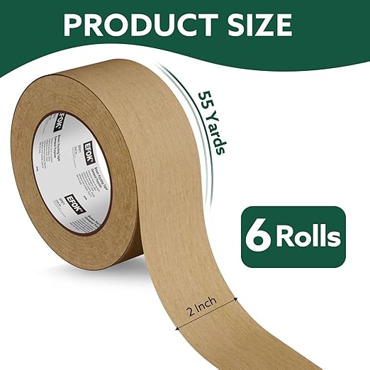 6 Rolls Brown Packing Tape 2 Inch Bulk, 2025 Upgrade Kraft Paper Packaging Tape, 2 Inch x 55 Yards, Cardboard Shipping for Packing Boxes, Tear by Hand for Express Parcels & Office Use