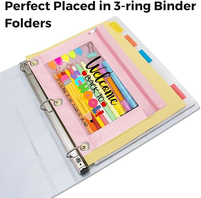 Zippered Pencil Pouch Cute for 3 Ring Binder, Welcome Back To School Clear Pen Pencil Case Bag Pink 2 Pack
