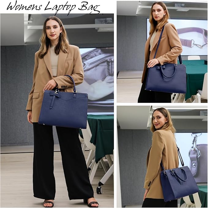RAINSMORE Laptop Bag for Women 15.6 Inch PU Tote Bag Business Office Work Bag Waterproof Briefcase Computer Tote Lightweight Handbag Shoulder, Blue