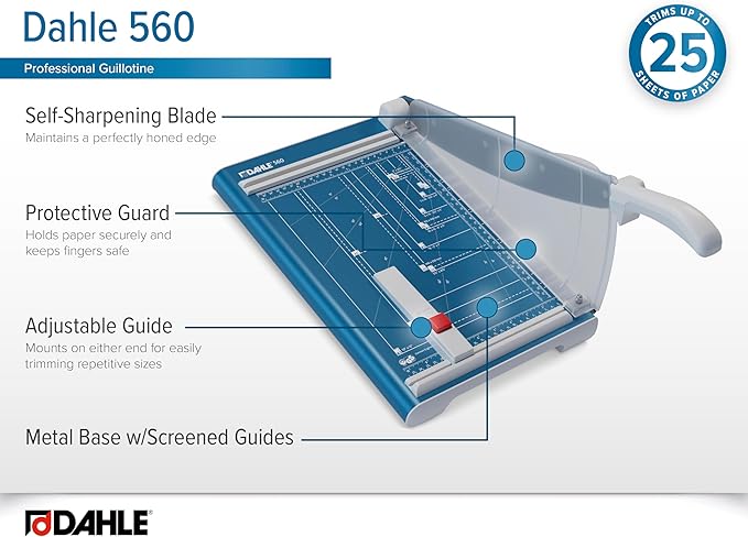 Dahle 560 Professional Guillotine Trimmer, 13" Cut Length, 25 Sheet Capacity, Self-Sharpening, Safety Shield, German Engineered Paper Cutter