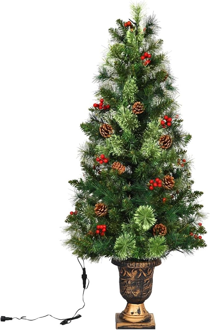 HAPPYGRILL 5FT Pre-Lit Artificial Christmas Tree with Urn Base, Artificial Xmas Tree with 260 Branch Tips, 100 Warm White Lights, Pine Cones, Red Berries, Front Door Porch Entryway Christmas Tree