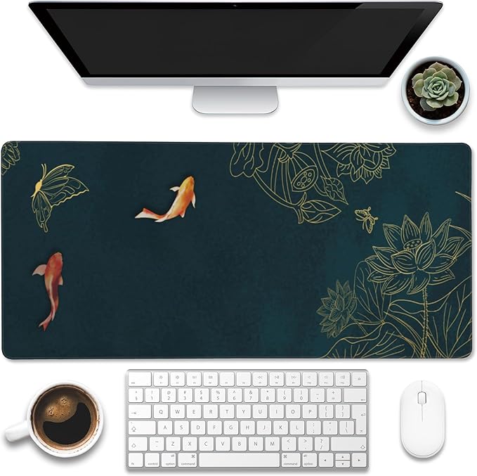 Large Gaming Mouse Pad, Koi Fish Ink Painting Desk Mat, Golden Line Lotus Desk Pad, Extended Big Computer Keyboard Mouse Pad with Non-Slip Base and Stitched Edge, 35.4"x15.7"