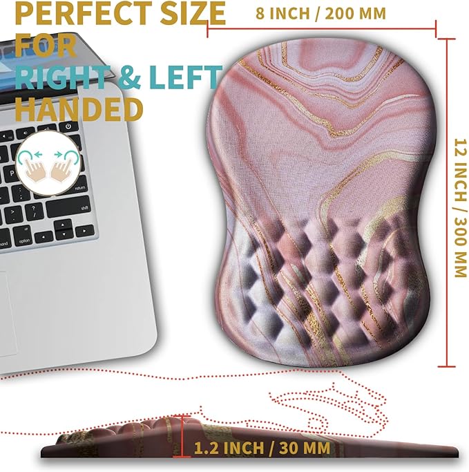 Hokafenle Ergonomic Mouse Pad Wrist Support with Massage Design, Wrist Rest Pain Relief Mousepad with Memory Foam&Non-Slip PU Base, Mouse Pads for Wireless Mouse & Desk (12x8 inch,Pink Gold Marble)