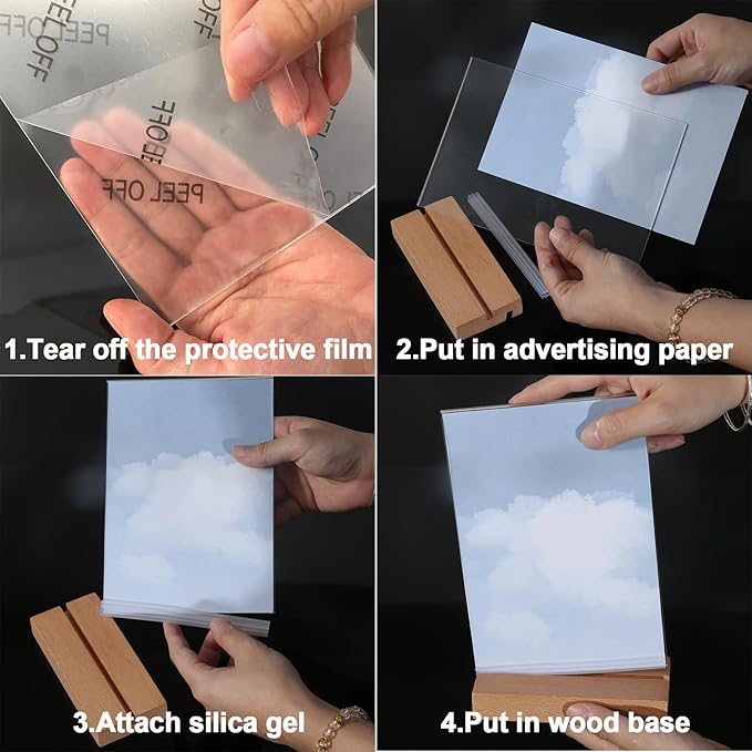 3 Pack Acrylic Sign Holder with Wood Base, Vertical and Slant Menu Flyer Stand, Double Sided Clear Display Stand for Restaurant, Wedding, Store, Office (5x7'', L/T Shape 2 in 1)