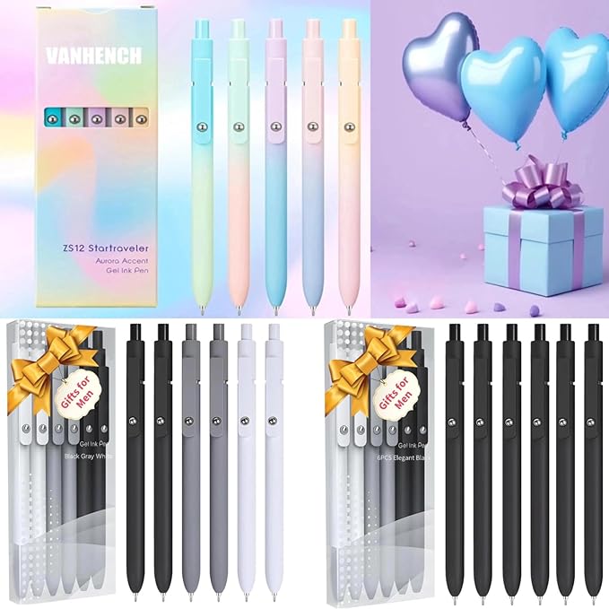 Vanhench 7Pcs 0.5mm Black Ink Gel Pens Quick Dry with Silicone Touch Barrel & Fidget Stress Ball, Multifunction Writing Fine Point Smooth Writing Pens School Supplies Stocking Stuffers Gifts for Women