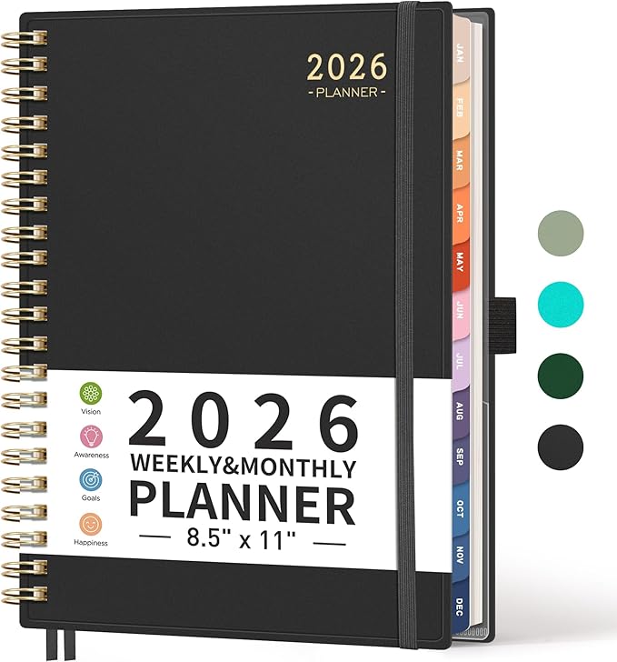 RETTACY 2026 Planner, Weekly and Monthly, Large Size (8.5" x 11"), Jan - Dec 2026, Agenda, Calendar, 12 Month Tabs, Flexible Plastic Cover, 100 GSM Thick Paper, Spiral-bound (Black)