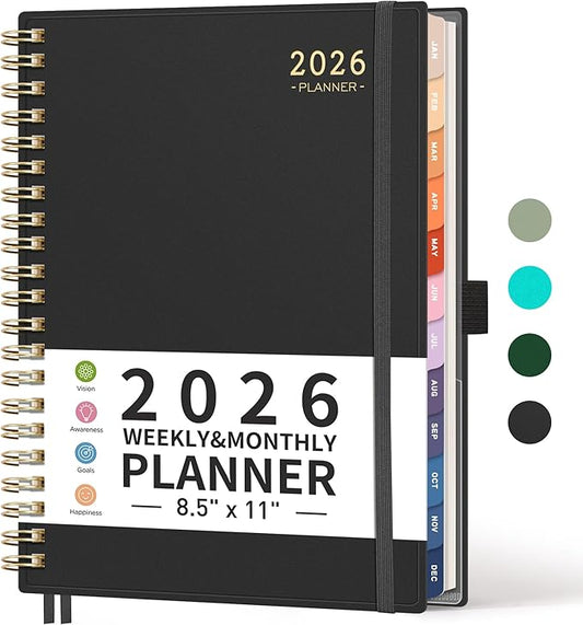 RETTACY 2026 Planner, Weekly and Monthly, Large Size (8.5" x 11"), Jan - Dec 2026, Agenda, Calendar, 12 Month Tabs, Flexible Plastic Cover, 100 GSM Thick Paper, Spiral-bound (Black)