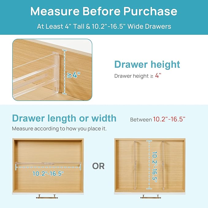 Vtopmart 8 Pack Drawer Dividers for Clothes, 4" High 10.2"-16.5" Adjustable Expandable Dresser Drawer Organizer, Clear Plastic Separators for Dresser, Baby Clothing, Underwear, Cosmetic, Toiletries