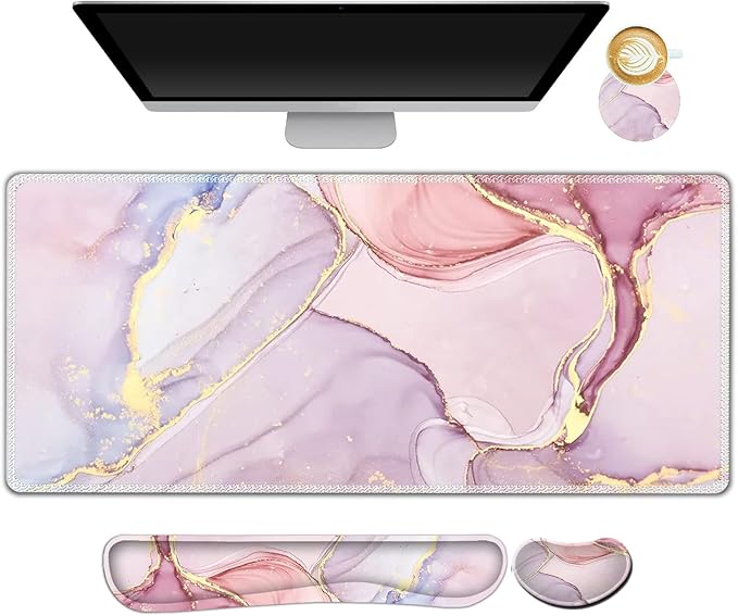 AIMSA Large Gaming Mouse Pad Set, Keyboard Wrist Rest Support Mouse Pad, Ergonomic Memory Foam Multifunctional Extended Desk Mat 35x15.7in Anti-Slip Rubber Base for Office Home, Pink Purple Marble