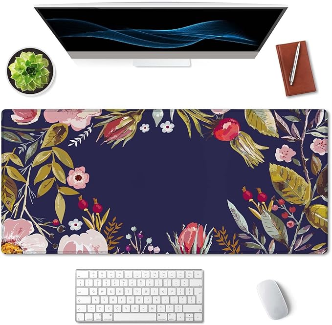 SSOIU Floral Wreath Mouse Pad 35.5 X 15.7 Inch XXL Romantic Flowers Full Desk Mousepad Extended Large Non-Slip Rubber Base Waterproof Big Keyboard Mat with Stitched Edges for Gaming and Office