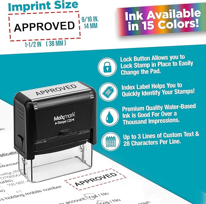 MaxMark Customized Self Inking Stamp - Up to 2 Lines of Text - Small & Wide Size - Choose from 15 Ink Colors