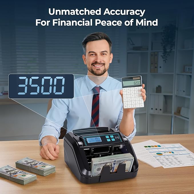 MUNBYN IMC51 Money Counter Machine Count Value, Add+Batch/Add+ Value Mode Bill Counter, UV/MG/IR/MT Detection, USD only Cash Counter,1100 Bills/min, Money Counting Machine with LCD Display (Black)