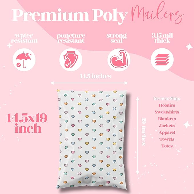 14.5x19 Designer Poly Mailer 100 Pack Heavy Duty Waterproof Self Seal Shipping Bags for Small Business Large Mailing Envelopes Bulk Tear Resistant Packaging Preppy Hearts