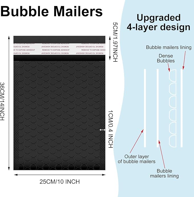 Henoyso 30 Pcs Extra Large Bubble Mailers 10 x 14 Inches Resealable Padded Envelopes Waterproof Shipping Bags Poly Padded Mailers Bulk for Mailing Packaging Small Business(Black)