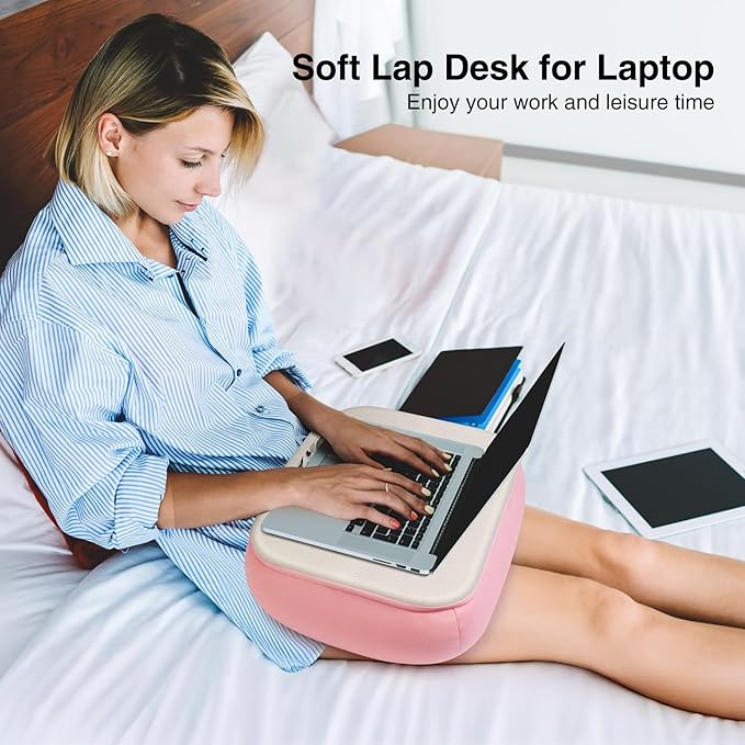 elitehood Bean Bag Laptop Lap Desk, Soft Cushion Stand for Book, Laptop, Tablet, Book Holder for Reading in Bed, Lap Pillow Desk Ideal for Working, Writing and Relaxation on Bed, Couch, Recliner, Pink