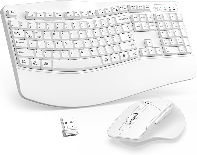 Wireless Keyboard and Mouse Combo, 2.4G Full Size Wave Keys Ergonomic Keyboard with Wrist Rest and 3-Level DPI Adjustable Wireless Ergonomic Mouse for Windows, Mac OS Desktop/Laptop/PC(White)