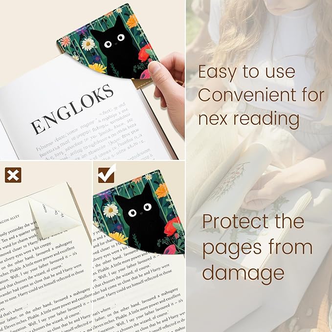 Cute Black Cat Floral Corner Bookmarks, Funny Leather Book Accessories for Book Lovers, 3 Pcs Reading Book Page Markers for Women Men Student Teacher Girls Boys Retirement Birthday Gifts