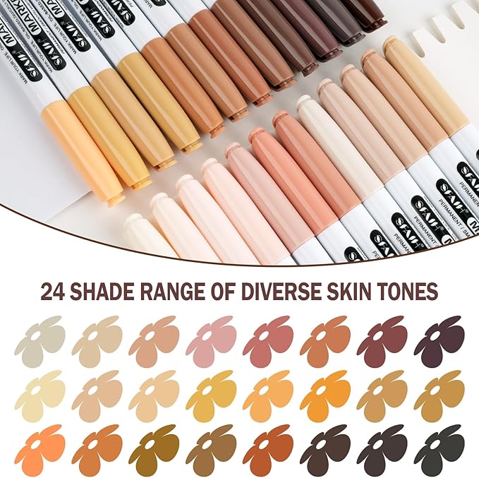 SFAIH 24 Skin Tone Permanent Markers - Assorted Portrait Colors, Fine Point Permanent Markers for Portrait, Figure, Animals, Trees Painting, Coloring Book, Decorate Wood, Quick Drying, Fade Resistant