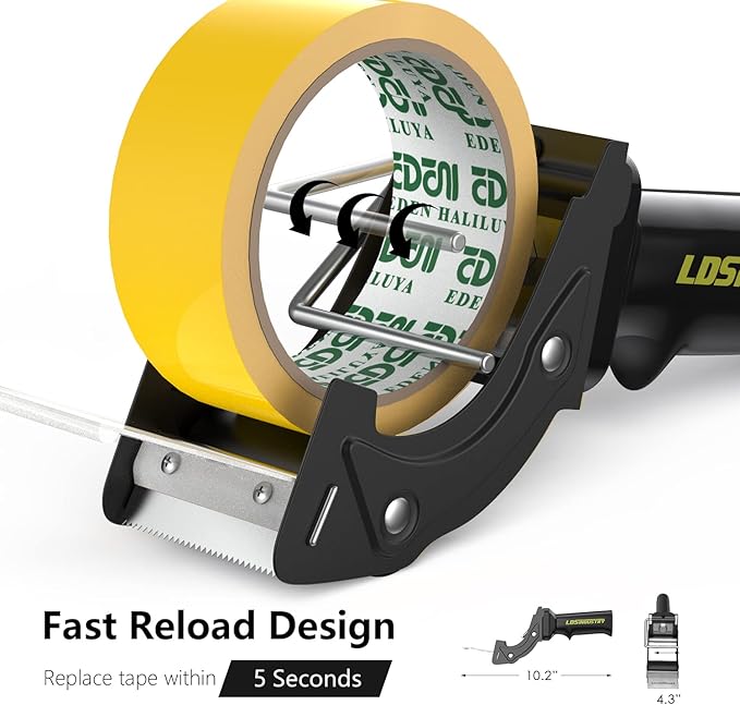 Rapid-Replace Tape Dispenser Gun with 2 Inch X 60 Yard Tape Roll (Transparent) and Extra Blade, Lightweight Ergonomic Heavy Handheld Duty Tape Cutter for Packaging and Box Sealing Black
