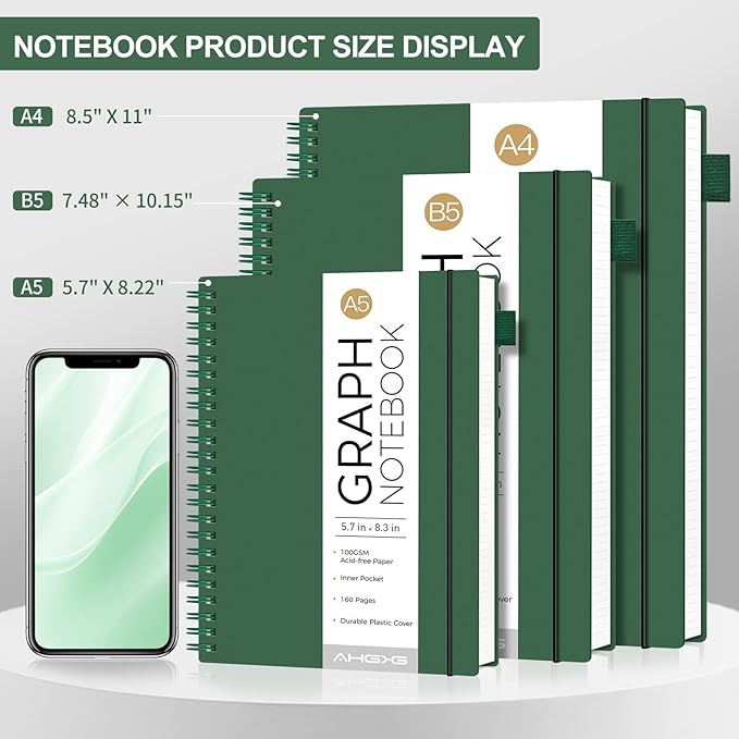 AHGXG Graph Paper Notebook - Spiral Notebook Journal 7.6" x 10", B5 Large Graph Notebook, 140 Pages, 100 gsm Thick Grid Paper, Waterproof Plastic Cover, for School Writing Engineering, Green