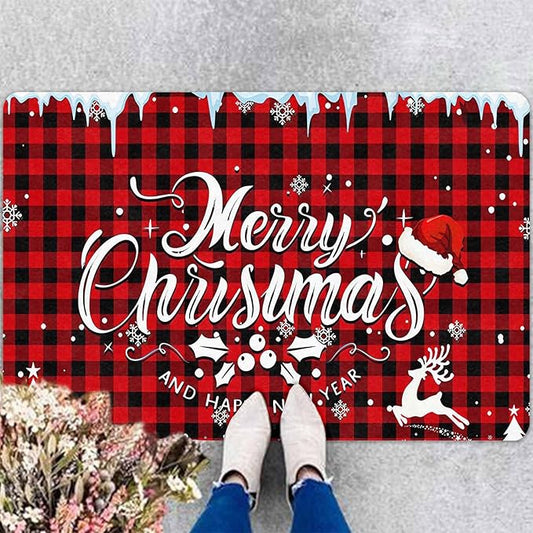 Merry Chirstmas Doormat Buffalo Plaid Door Mat for Front Door, Front Porch Rugs Easy Clean Welcome Mats Outdoor Rug Indoor Outdoor Winter Decor, 18" x 30"Inch