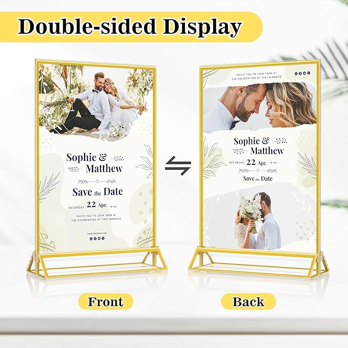 5 x 7 Acrylic Sign Holder - Double Sided Gold Picture Frame - Tabletop Display Menu Stand - Clear Plastic T Shape Vertical Paper Holders - 6 Pack