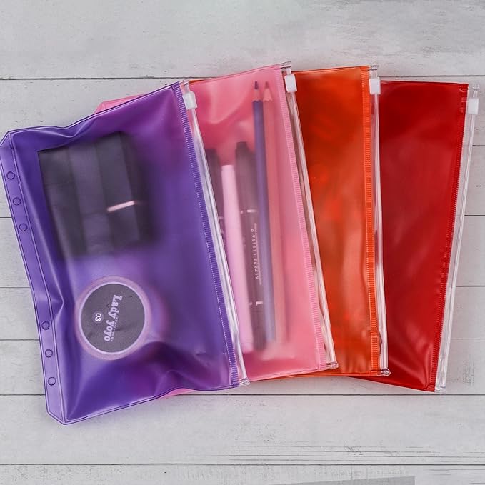 24Pcs A5 Binder Pockets 6 Holes Zipper Binder Pouch for Cash,ID Card,Credit Card, 8 Colors